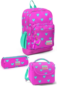 Kids Neon Pembe Su Yeşili Kalp Desenli 3’lü Okul Çanta Seti SET0123113